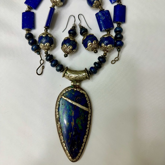 Large Lapis/Chrysocolla Necklace with Earrings - Artisan Handmade - Picture 1 of 14